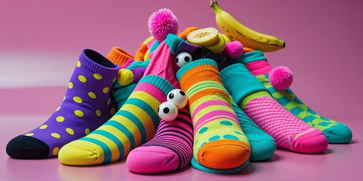 Colorful pile of fun and wacky socks with playful designs, banana and googly eyes