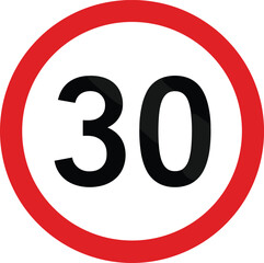 Traffic speed limit sign 30 km per hour warning, road safety regulation symbol, red circle design