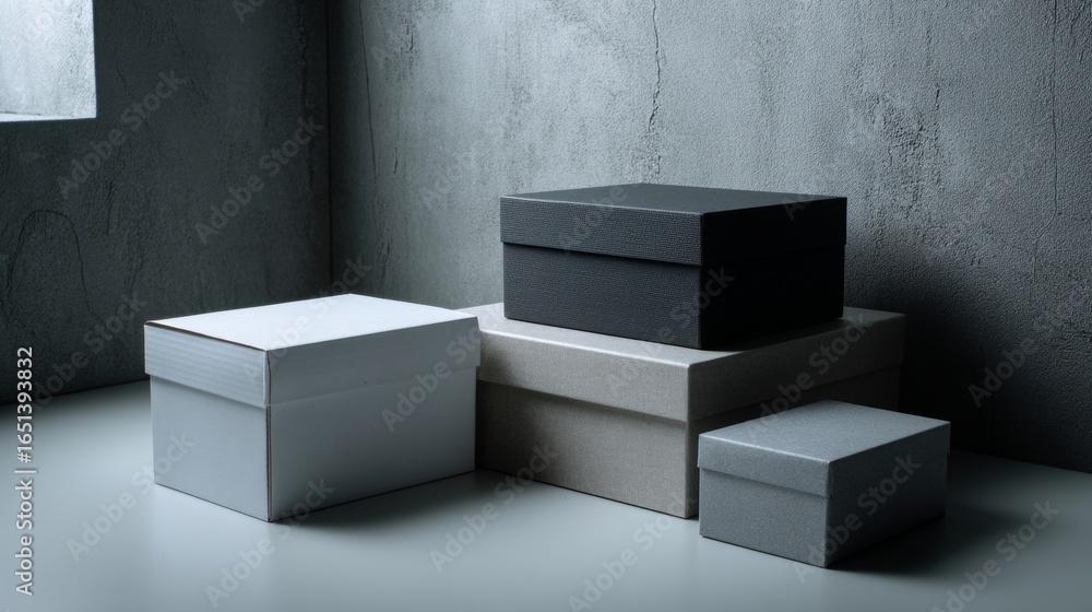 Poster Minimal cube boxes in monochrome grey setting for abstract packaging design product mockup presentation background photography visuals