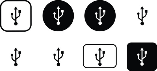 USB symbol icons, technology connection signs, digital interface, data transfer logo, electronic communication symbol, black and white