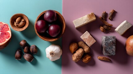 Healthy snacks and ingredients styled on color blocks for food product photography flatlay lifestyle minimal modern design visuals