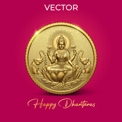 Happy Dhanteras. Gold coin of Goddess Lakshmi Vector illustration.