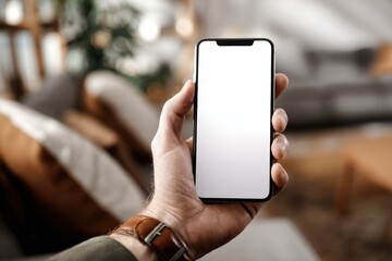 Closeup Of Hand Holding Cellphone With Copy Space Screen / Mockup Smartphone In Hand With White Screen Background