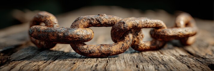 Rusty chain links on weathered wooden surface capture the essence of time and deterioration