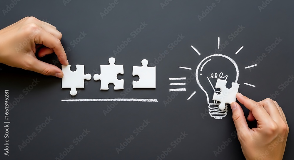 Poster hands connecting puzzle pieces to form a lightbulb, symbolizing a bright idea and successful problem