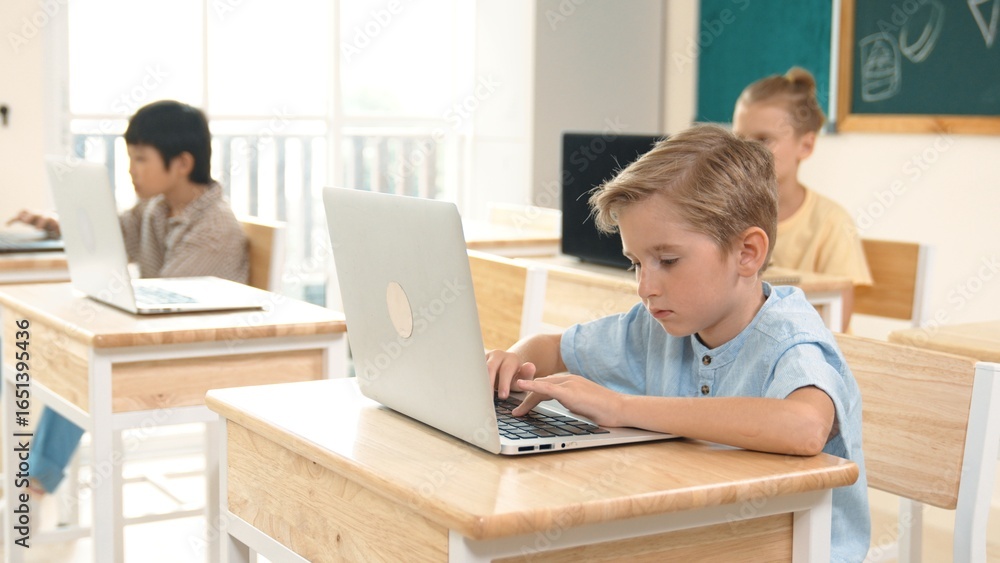 Poster caucasian smart child programing software system and learning about coding while multicultural searc