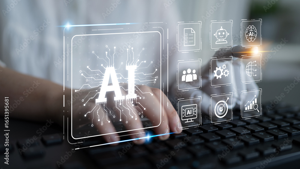 Poster ai brain processes big data with generative ai, llms, and machine learning to support business decis