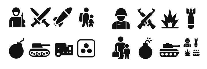 Military symbols and icons depicting conflict and protection themes