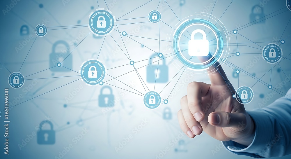 Poster finger touching a glowing digital padlock icon, representing cybersecurity and data protection in a 