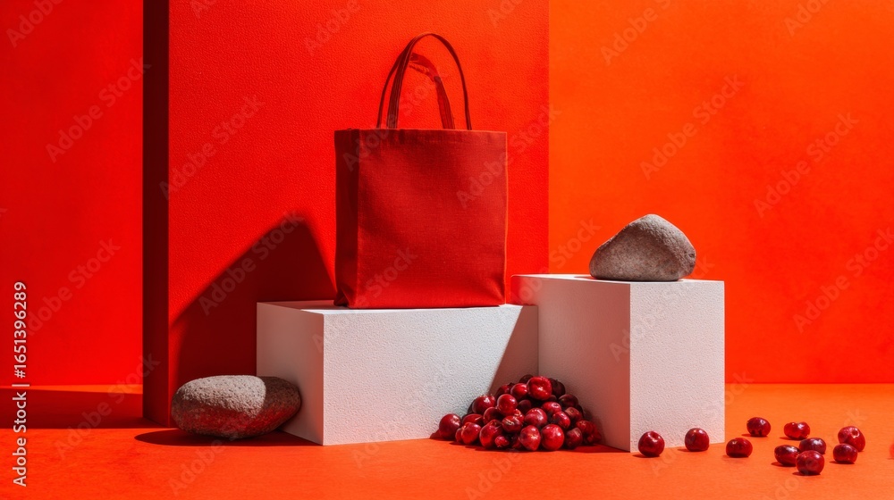 Poster minimal product display with red shopping bag and white boxes on orange background for e-commerce br