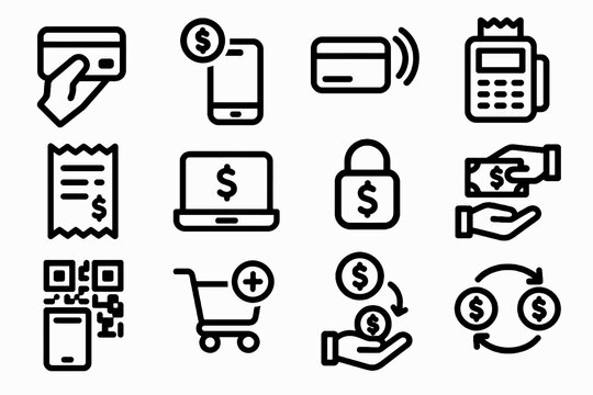 Payment and transaction icon set in bold black outline style, perfect for ecommerce, fintech, mobile banking, and online shops