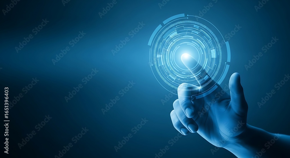Poster futuristic technology concept a persons finger touching a glowing abstract digital circle with intri
