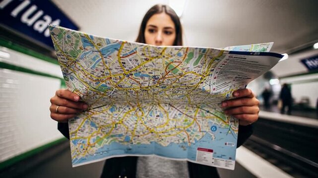 Close-up of tourist holding a map in Paris metro, focus on details.
