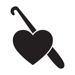 Black silhouette of a crochet hook with heart icon. Vector black silhouette. with white background