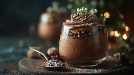Fototapeta premium A glass jar filled with chocolate mousse topped with whipped cream, chocolate shavings, and mint leaves, garnished with hazelnuts.