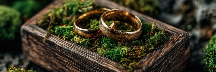Unique wedding rings resting on lush moss in a rustic wooden box surrounded by natural elements