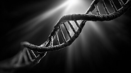 A detailed, black-and-white image of a DNA double helix is illuminated by a bright light, symbolizing scientific discovery and genetic research.
