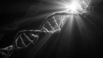 A bright light illuminates a detailed DNA double helix, symbolizing genetic research and scientific discovery.