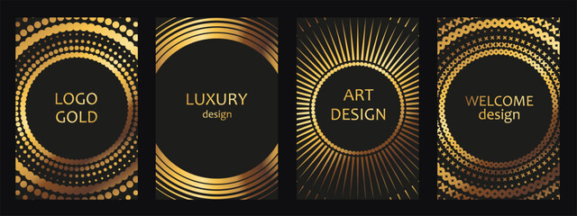 Round shaped frame. Golden halftone circle logo. Luxury design emblem.
