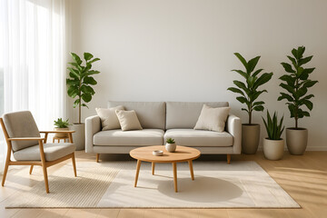 Modern, minimalist living room interior design with natural light and plants.