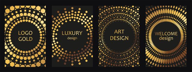 Round shaped frame. Golden halftone circle logo. Luxury design emblem.
