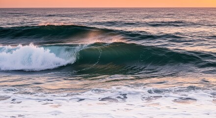 Ocean Wave Sunset Scene - Stunning of a large ocean wave breaking at sunset, showcasing vibrant colors and textures of the water