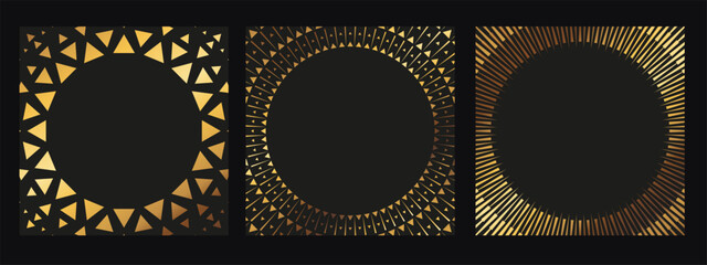 Round shaped frame. Golden halftone circle logo. Luxury design emblem.
