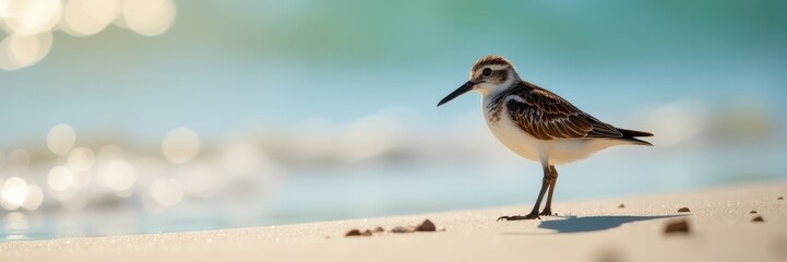 Obraz premium Tiny sandpiper perched on beach, sunlit feathers, nature, photography