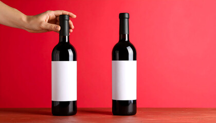 Wine bottles with blank labels on red background