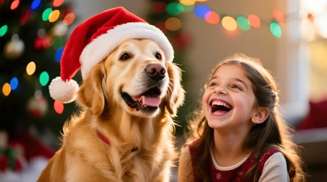 A young girl with brown hair wears a red dress and laughs joyfully beside a golden retriever wearing a Santa hat. A decorated Christmas tree is in the background. - Powered by Adobe