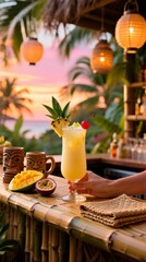 Obraz premium A tropical cocktail with pineapple and cherry garnishes sits on a bamboo bar. The background features palm trees and a sunset sky.
