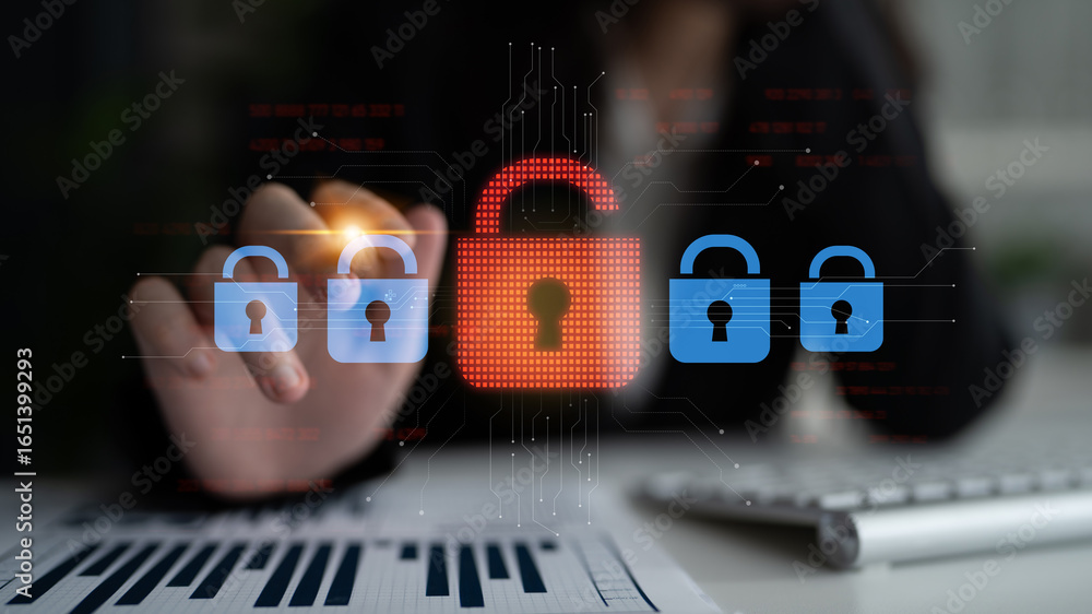 Poster digital security concept illustrating a cybersecurity breach, with a red unlocked padlock indicating