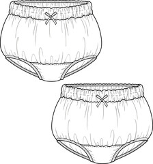 Women’s vintage underwear, high waist panties, fashion flat sketch, lingerie template, retro brief design, clothing illustration, apparel outline, female undergarment, intimate wear, bow detail