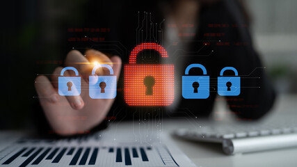 Digital security concept illustrating a cybersecurity breach, with a red unlocked padlock...