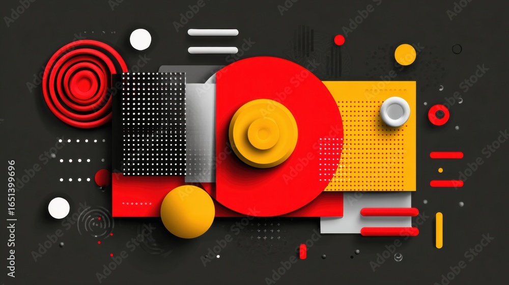 Poster bright geometric shapes in contrasting colors arranged on a dark surface creating dynamic visual int