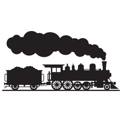 Black silhouette of a steam engine train with coal car. Vector black silhouette. with white background