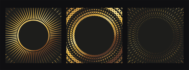 Round shaped frame. Golden halftone circle logo. Luxury design emblem.
