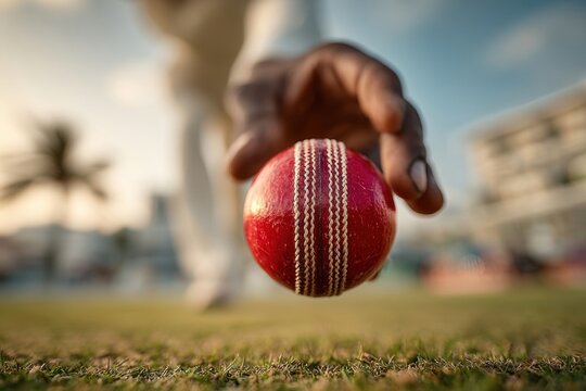 Cricketer hand holding red cricket ball on grassy pitch close-up