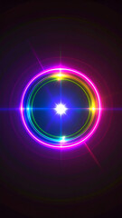 Abstract luminous circle design with neon colors and light flares on dark background
