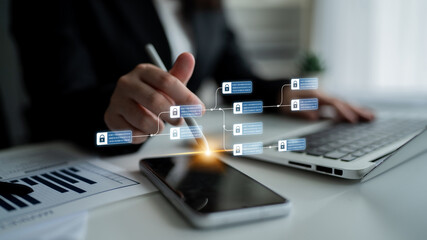 Blockchain structure showing distributed data blocks linked with encryption, representing secure...