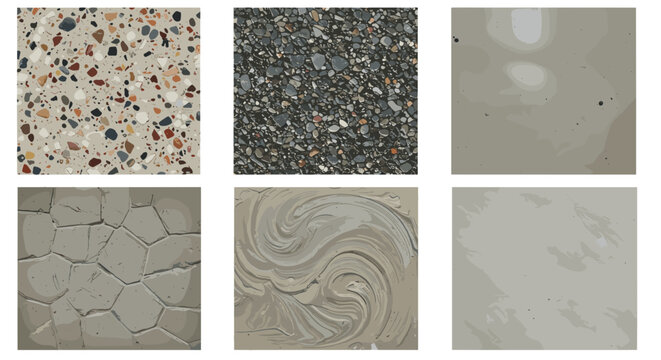 Collection of Six Diverse Concrete and Stone Textures for Architectural and Design Projects Isolated on Transparent Background