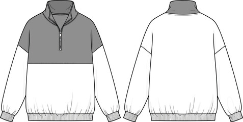 Half zip pullover flat sketch, fashion sweatshirt design, stylish outerwear illustration, unisex casual top template, technical clothing drawing, apparel design sketch, fashion garment template © Shihab Creative