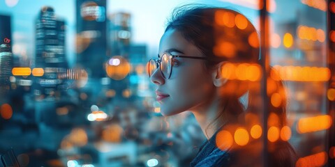 City skyline view with a young woman in glasses looking thoughtfully as evening lights twinkle in the background