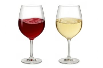 Swirling red and white wine in glasses on transparent background