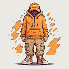 Vector illustration of an anonymous character in urban streetwear style, wearing an orange oversized hoodie, cargo pants, and a baseball cap.