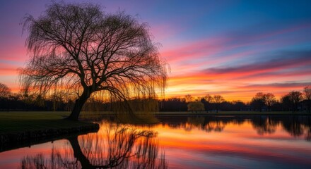 Naklejka premium Weeping Willow Sunset Reflection - Serene sunset scene, a weeping willow tree gracefully reflected in calm water, symbolizing peace, tranquility, nature's beauty, resilience, and the cycle of life