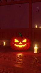 Carved halloween pumpkin illuminated by candlelight on wooden surface