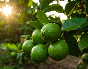 Close-up of fresh green limes growing on a tree branch with sunlight filtering through the leaves.