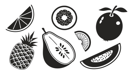 Black and White Vector Illustration of Various Sliced Tropical Fruits on a White Background for Design