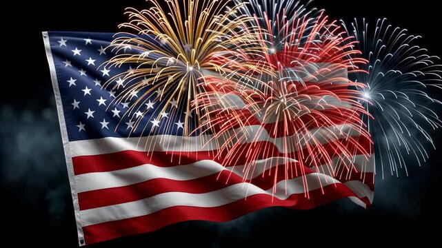 A vibrant fireworks display lights up the night sky, illuminating the American flag waving proudly, embodying the spirit of independence celebrations